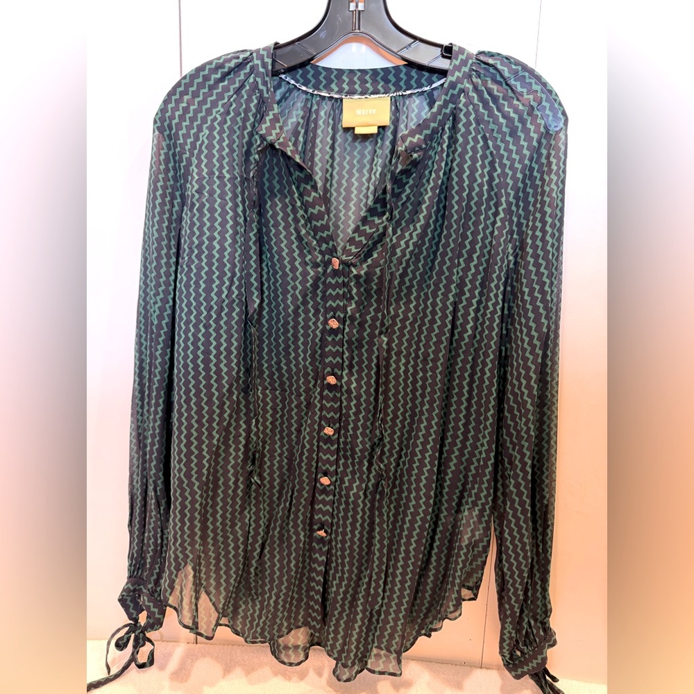 Maeve Green Zigzag Sheer Button-Front Blouse with Tie Cuffs